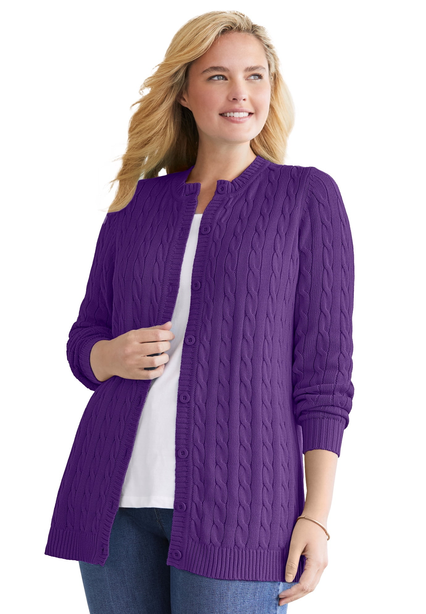 Woman Within Women's Plus Size Cotton Cable Knit Cardigan Sweater