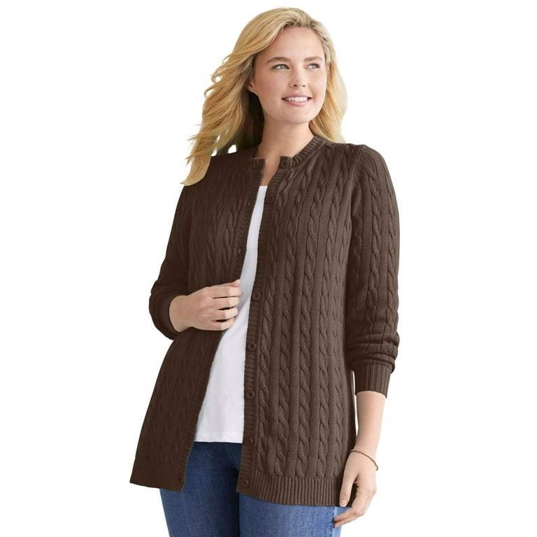 Woman Within Plus Size Cotton Cable Knit Cardigan Sweater