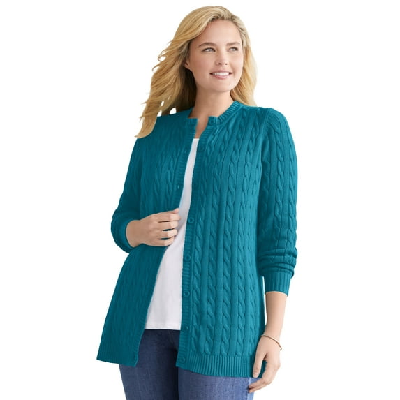 Woman Within Plus Size Cotton Cable Knit Cardigan Sweater
