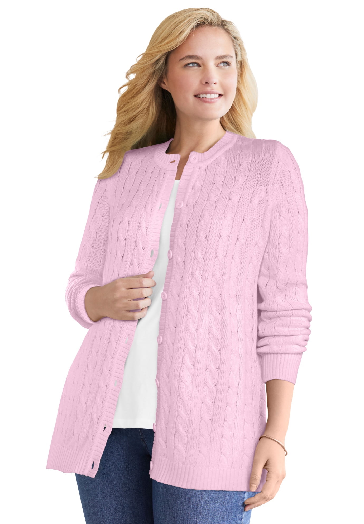 Woman Within Plus Size Cotton Cable Knit Cardigan Sweater - Walmart.com