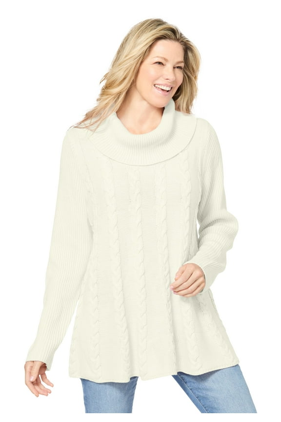 Plus Size Cowl Neck Cable Knit Swing Sweater