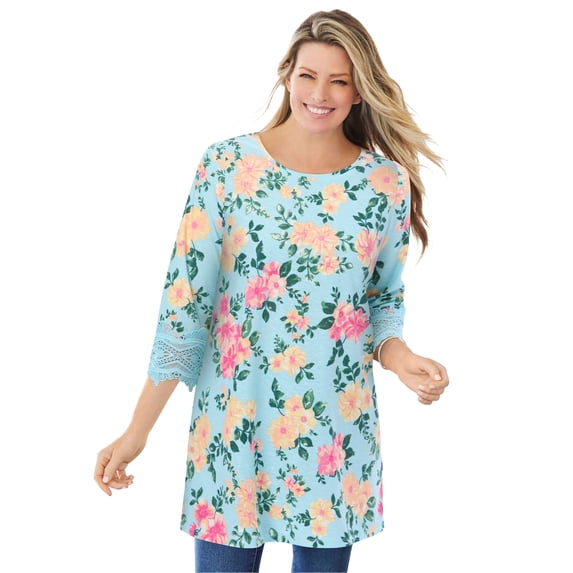 Woman Within Women's Plus Size Crochet-Trim Three-Quarter Sleeve Tunic