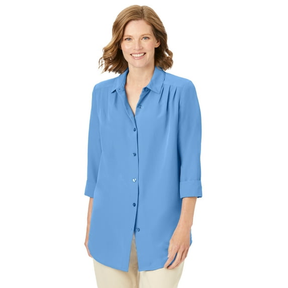 Woman Within Women's Plus Size Three-Quarter Sleeve Peachskin Button Front Shirt