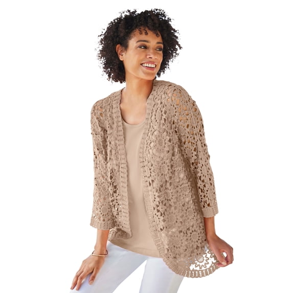 Woman Within Plus Size Crochet Curved-Hem Cardigan Sweater