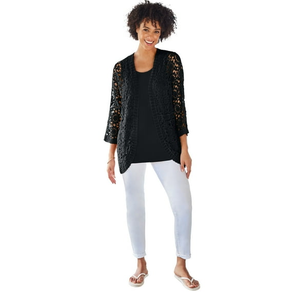 Woman Within Plus Size Crochet Curved-Hem Cardigan Sweater