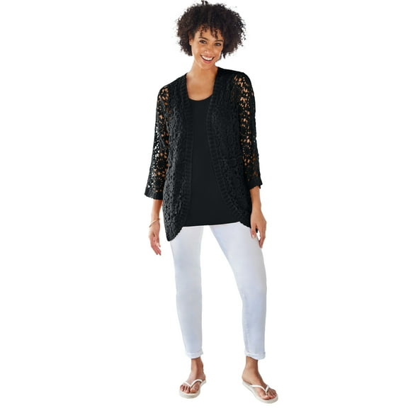 Woman Within Plus Size Curved Hem Pointelle Cardigan Sweater