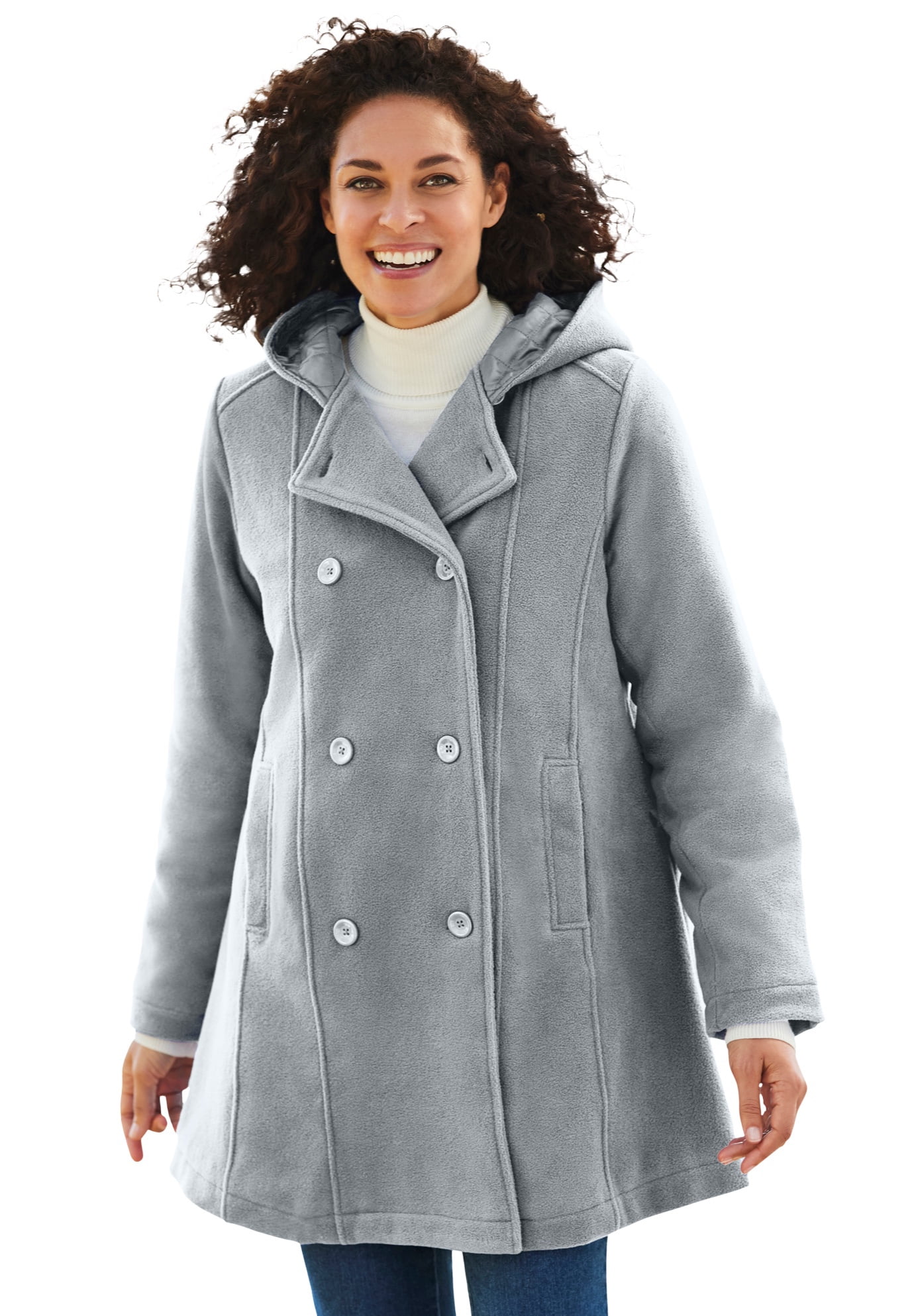 Woman Within Women s Plus Size Double Breasted Hooded Fleece Peacoat Walmart
