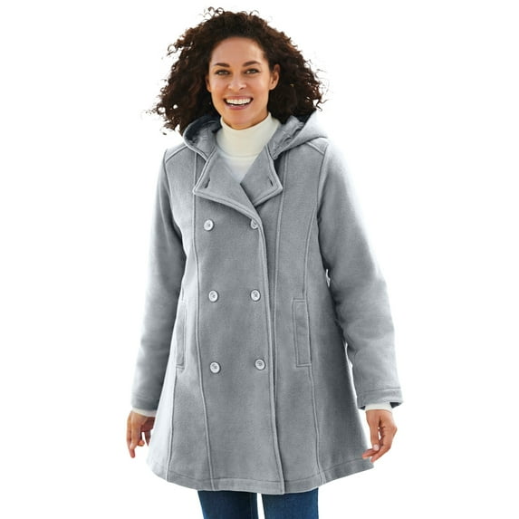 Woman Within Plus Size Double-Breasted Hooded Fleece Peacoat
