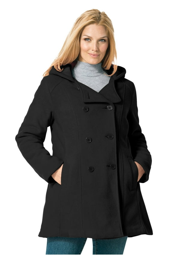 Plus Size Double-Breasted Hooded Fleece Peacoat