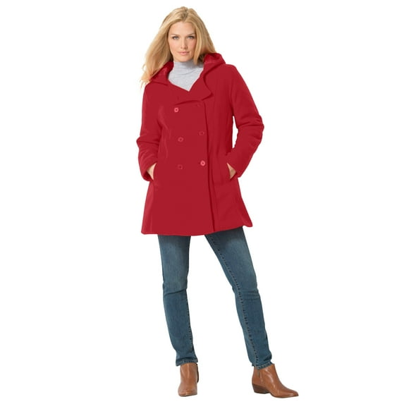 Woman Within Plus Size Double-Breasted Hooded Fleece Peacoat