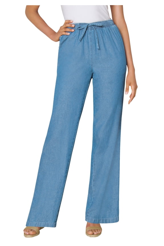 Plus Size Wide-Leg Drawstring Denim Pants