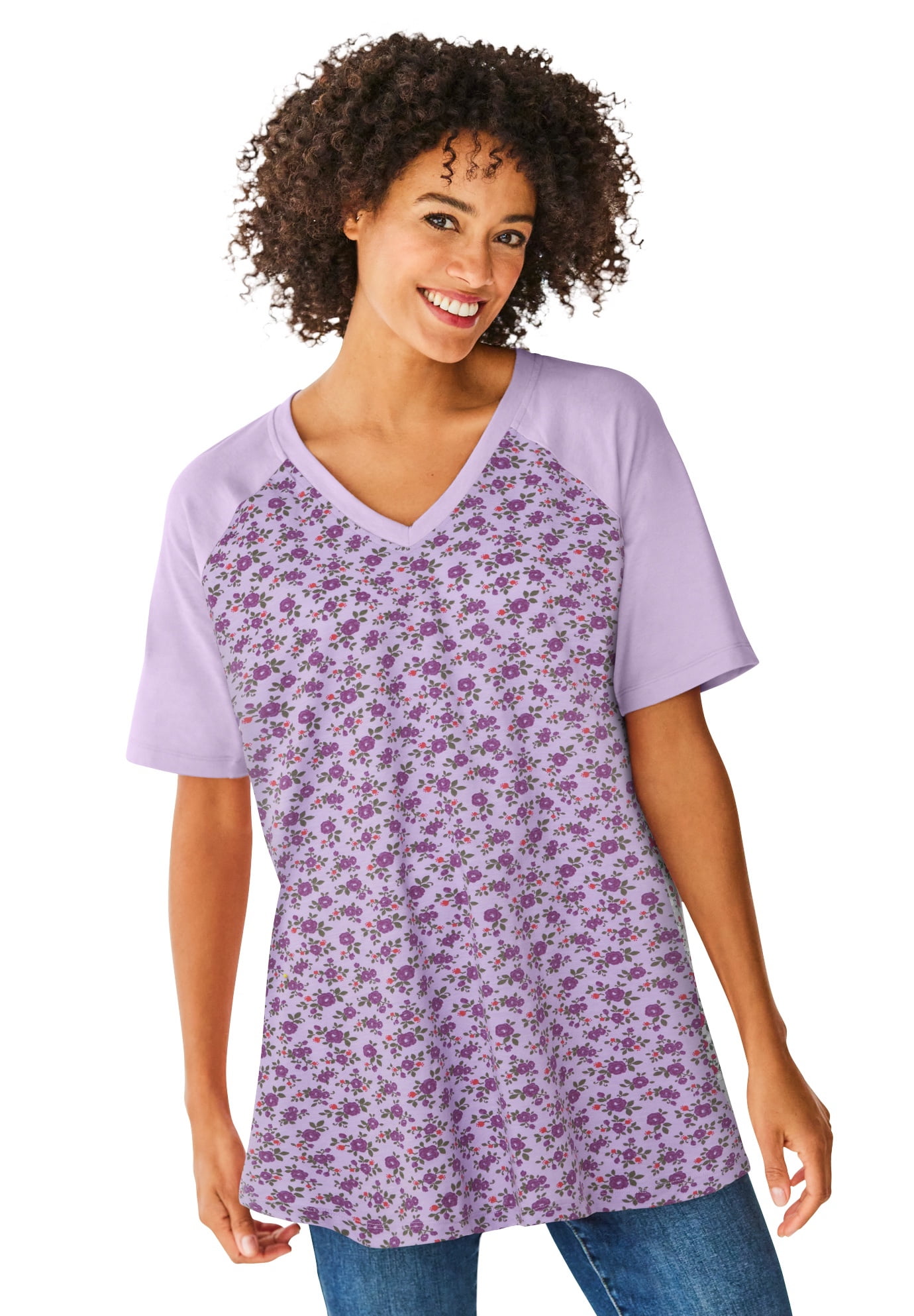 Woman Within Women's Plus Size Elbow Sleeve VNeck Baseball Tee 1X