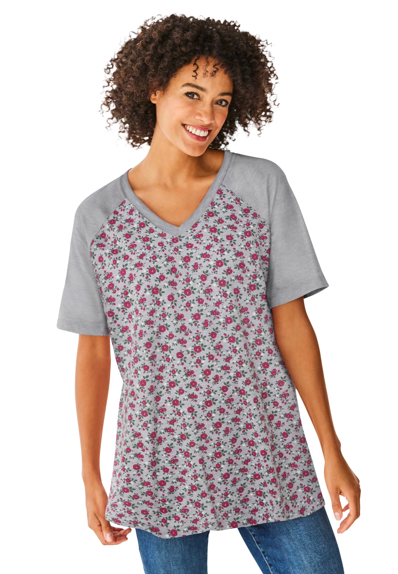 Woman Within Women's Plus Size Elbow Sleeve VNeck Baseball Tee 4X