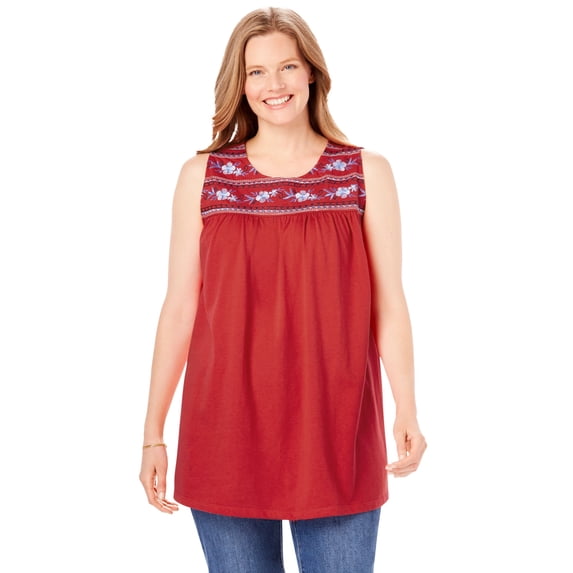 Woman Within Women's Plus Size Embroidered Crewneck Tank