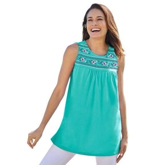 Woman Within Plus Size Embroidered Crewneck Tank