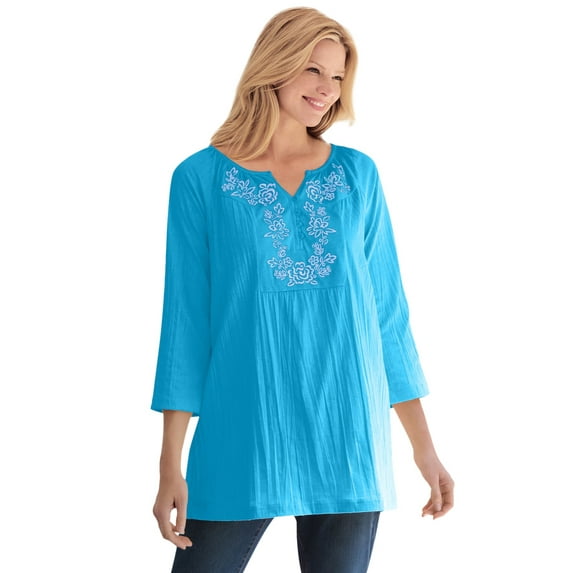 Woman Within Plus Size Embroidered Crinkle Tunic