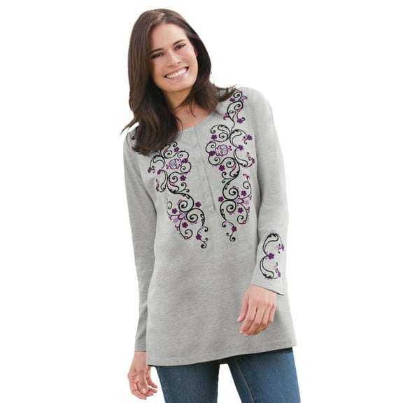 Woman Within Plus Size Embroidered Henley Tee