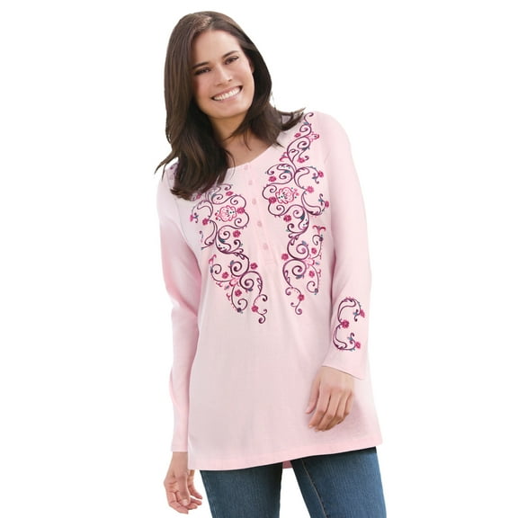 Woman Within Plus Size Embroidered Henley Tee