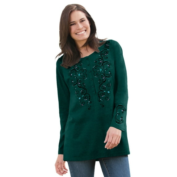 Woman Within Plus Size Embroidered Henley Tee