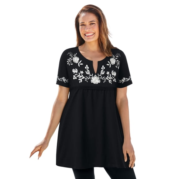 Woman Within Plus Size Embroidered Split-Neck Tunic