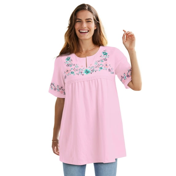 Woman Within Plus Size Embroidered Split-Neck Tunic