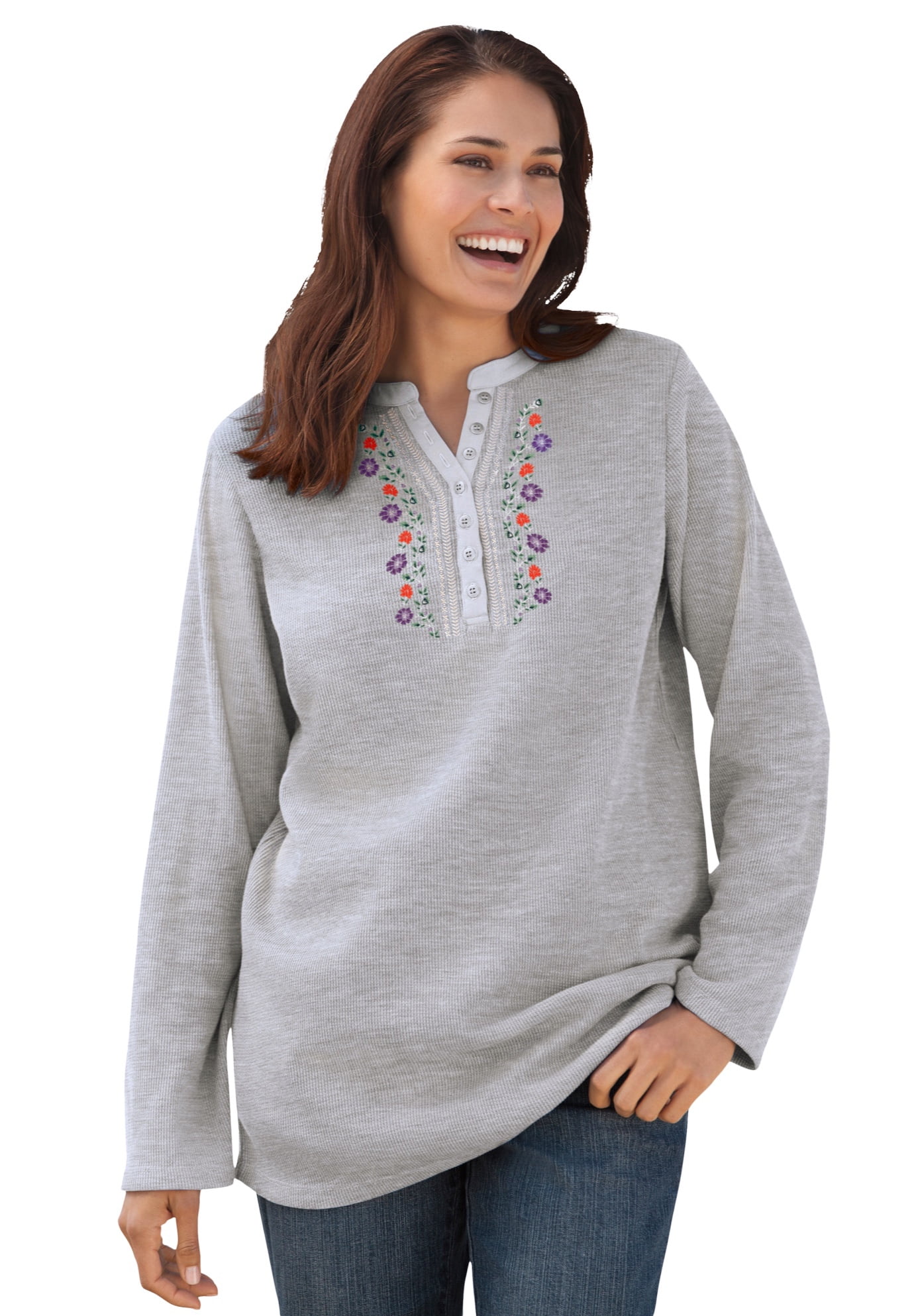 Woman Within Women's Plus Size Embroidered Thermal Henley