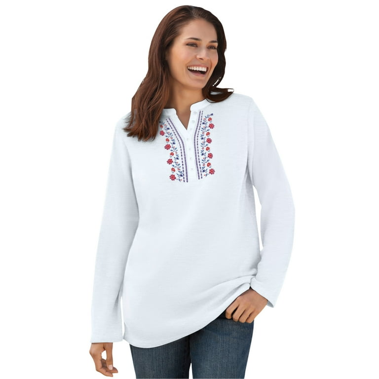 Woman Within Women's Plus Size Embroidered Thermal Henley Tee Long  Underwear Top 