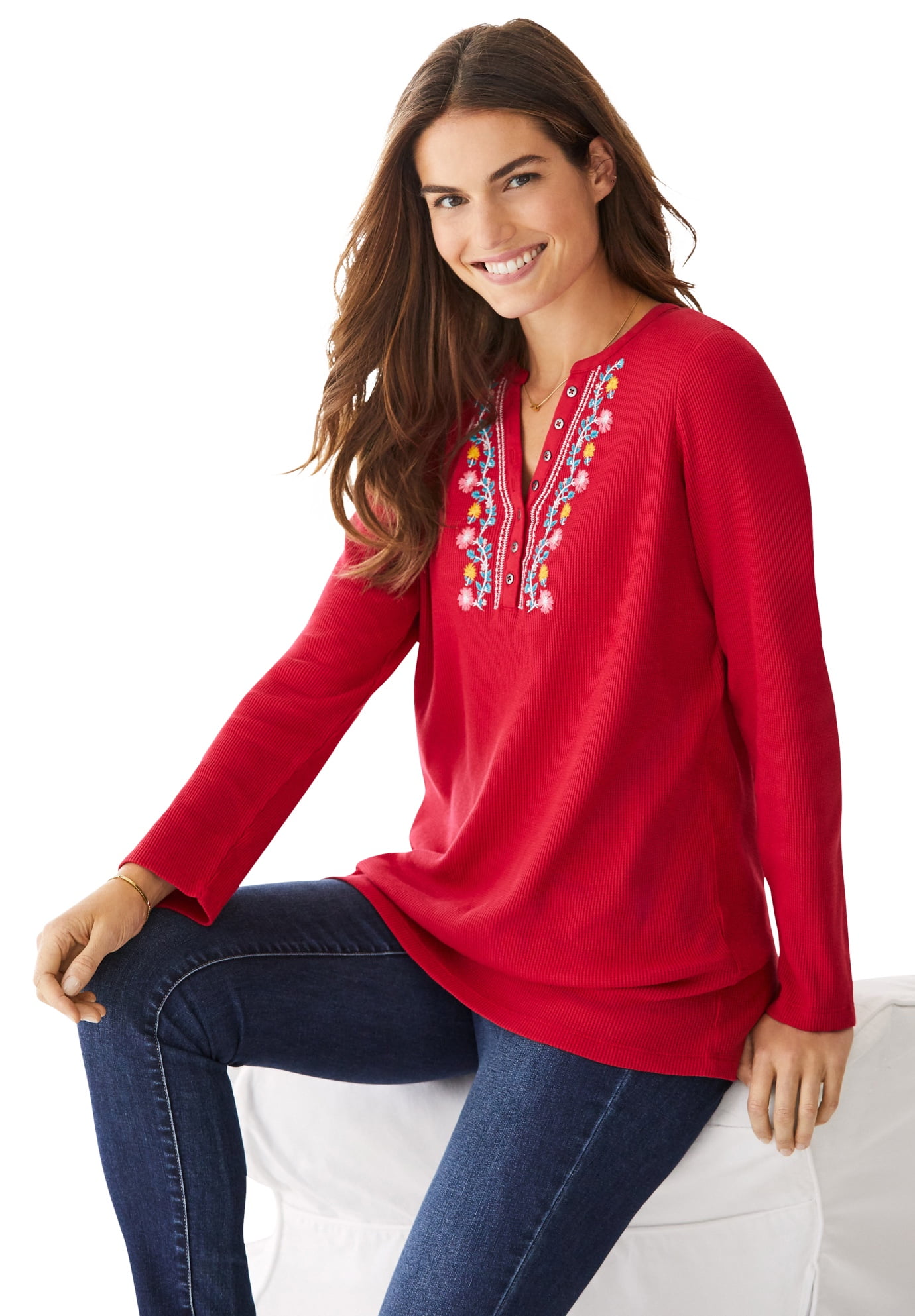 Woman Within Women's Plus Size Embroidered Thermal Henley Tee - M, Classic  Red Vine Embroidery - Walmart.com