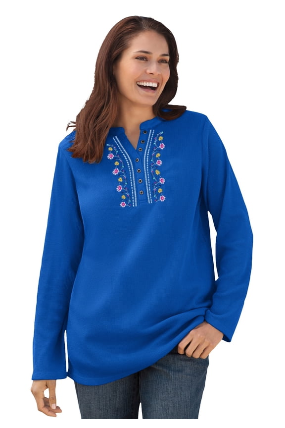 Plus Size Embroidered Thermal Henley Tee