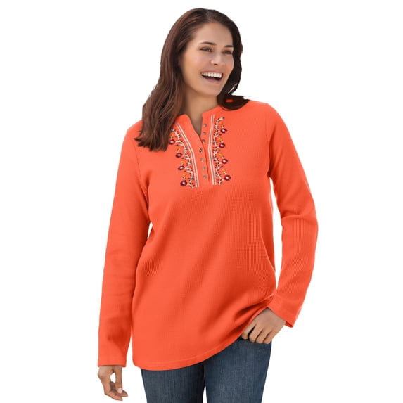 Woman Within Plus Size Embroidered Thermal Henley Tee