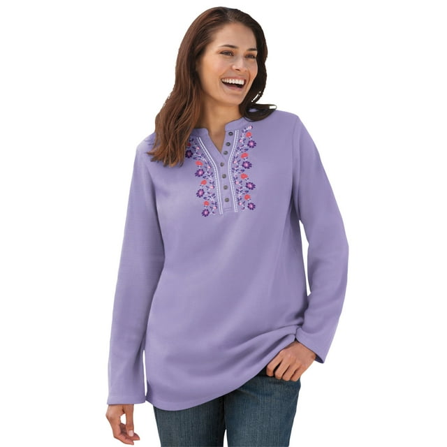 Woman Within Plus Size Embroidered Thermal Henley Tee