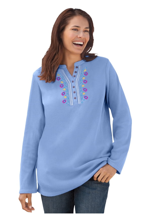 Plus Size Embroidered Thermal Henley Tee