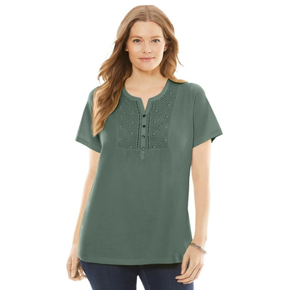 Woman Within Plus Size Eyelet Henley Tee