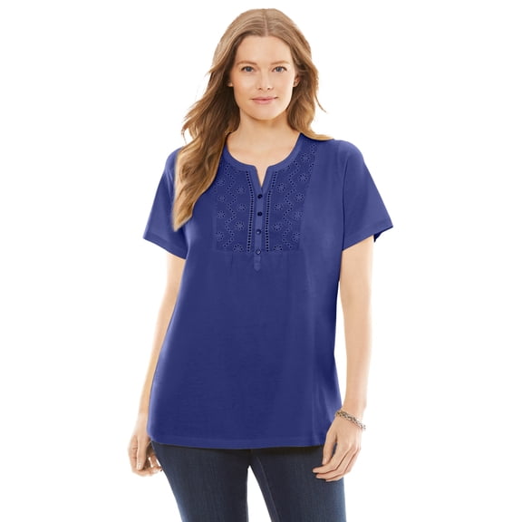 Woman Within Plus Size Eyelet Henley Tee
