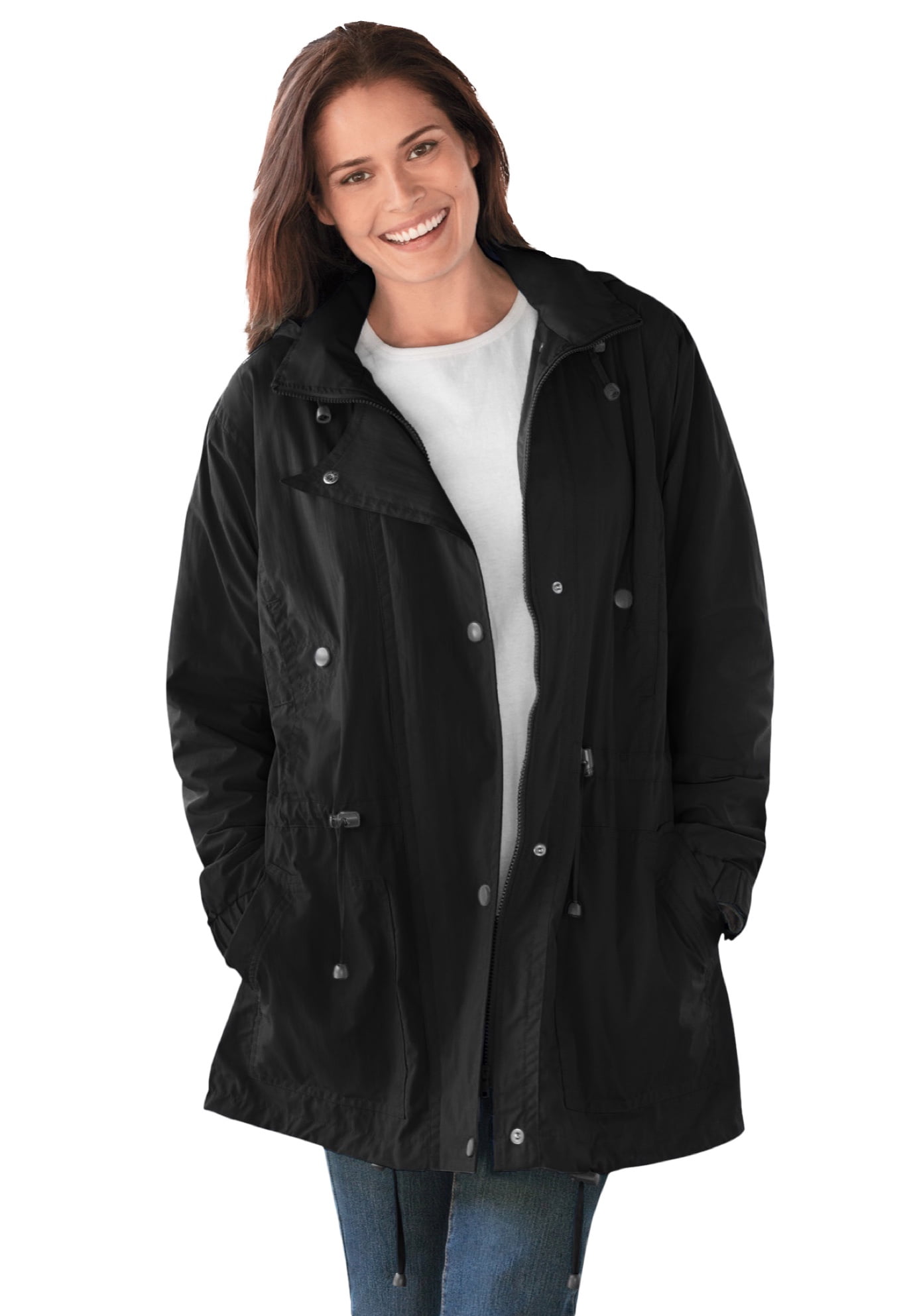Woman Within Women's Plus Size Fleece-Lined Taslon Anorak - L, Black