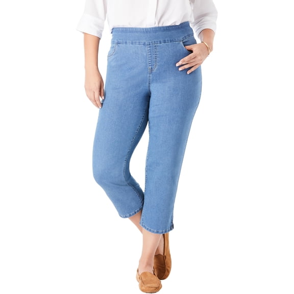 Woman Within Plus Size Pull-On Flex Elastic-Waist Stretch Denim Capri Jeans