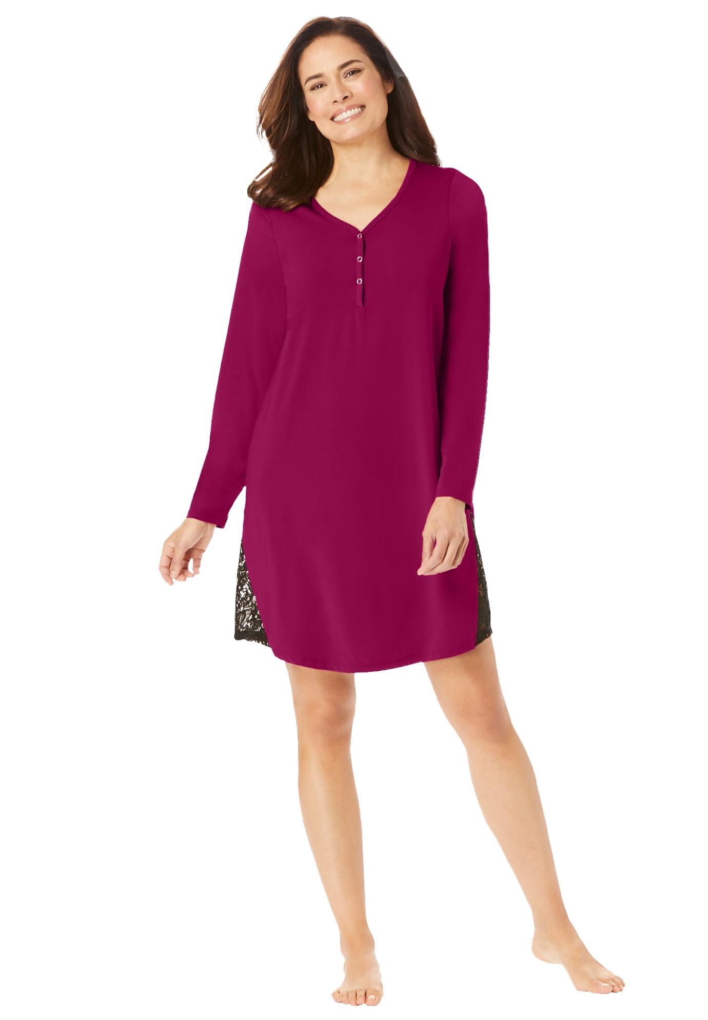 Woman Within Women's Plus Size Henley Sleepshirt With Lace Detail