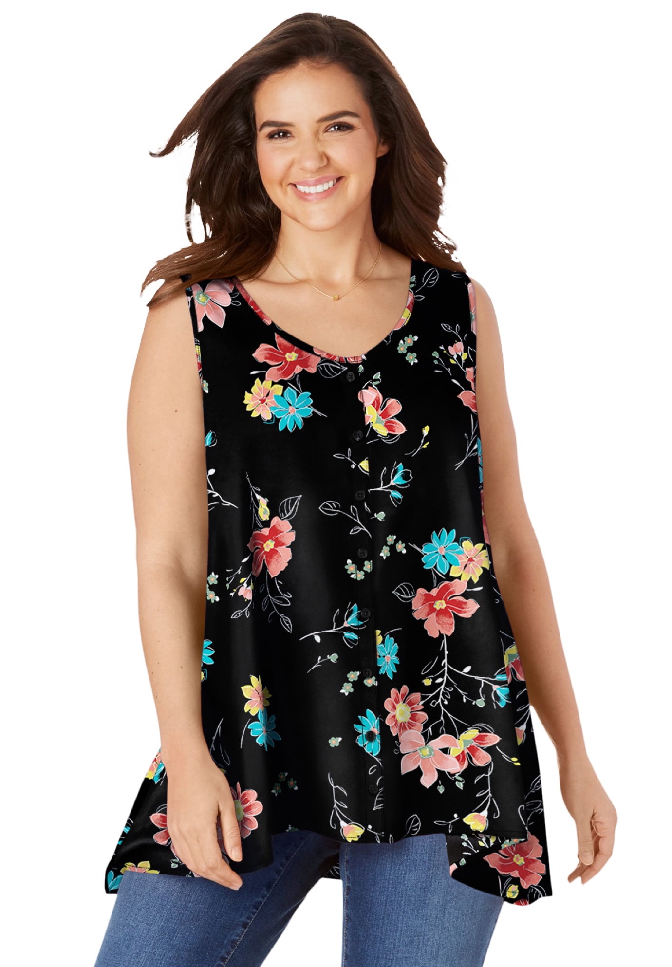 Woman Within Women's Plus Size High-Low Button Front Tank Top 
