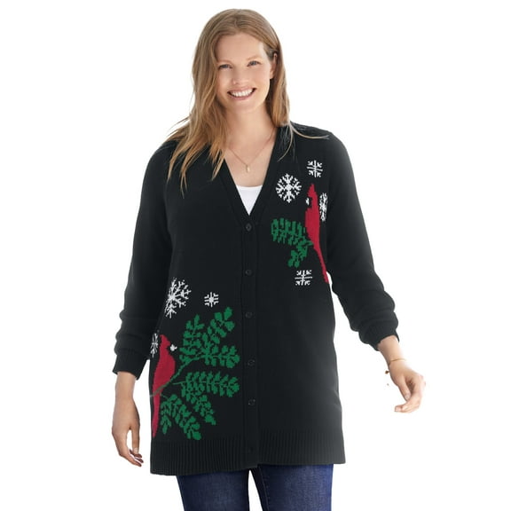 Woman Within Plus Size Holiday Motif Cardigan Sweater