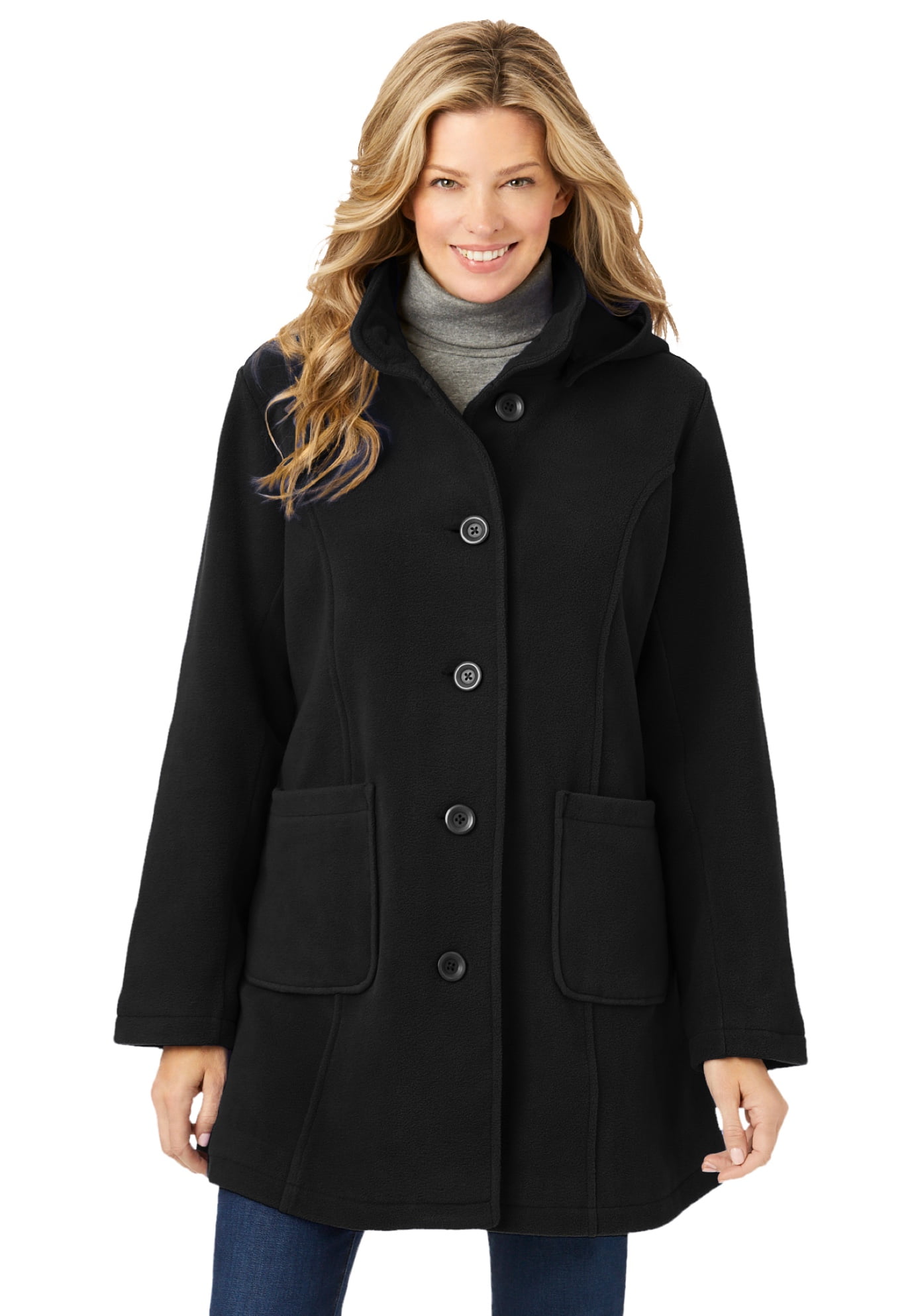 Plus Size Hooded A-Line Fleece Coat