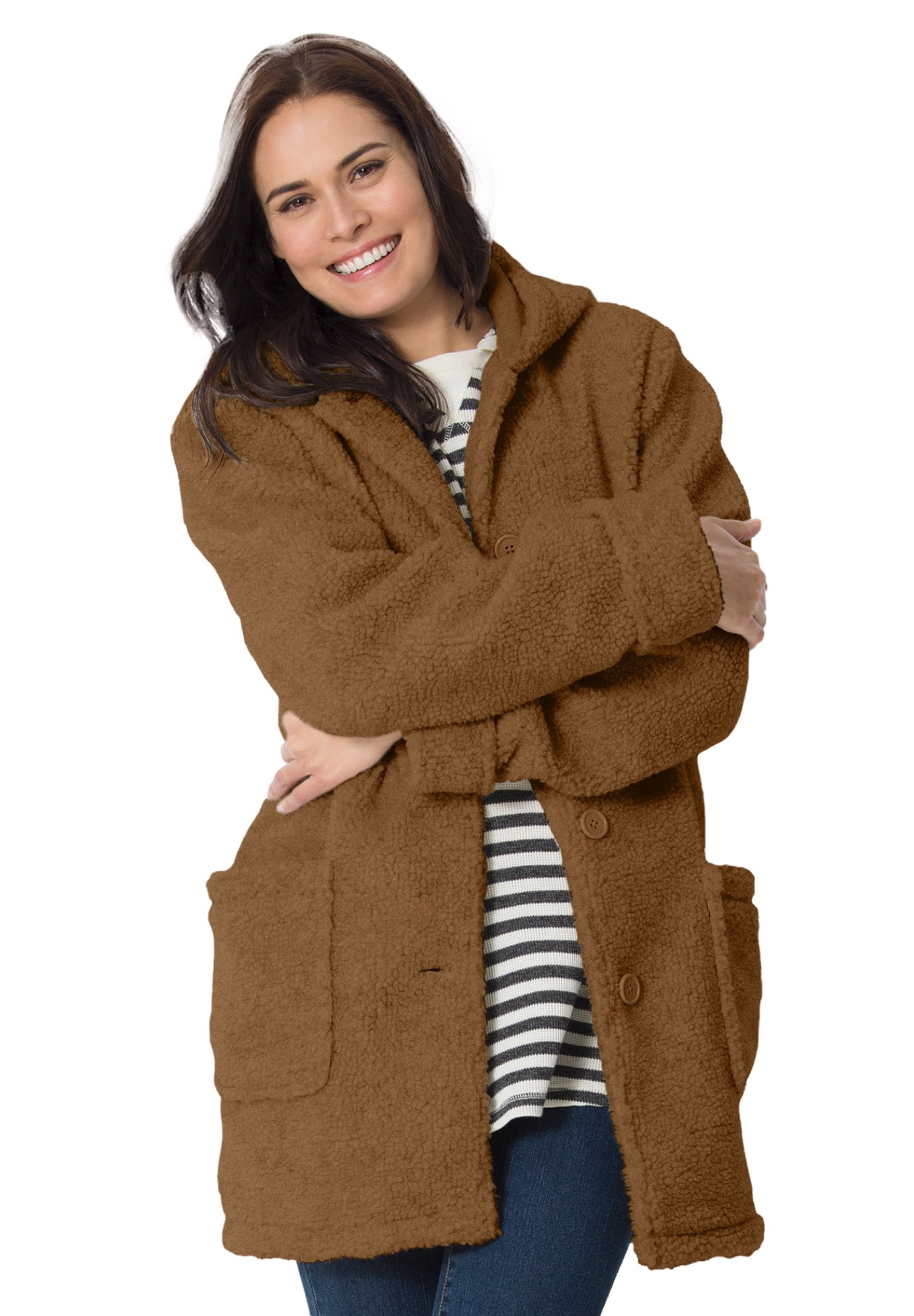 Woman Within Women's Plus Size Long Hooded Berber Fleece Coat - L, Heather  Charcoal Black at  Women's Coats Shop
