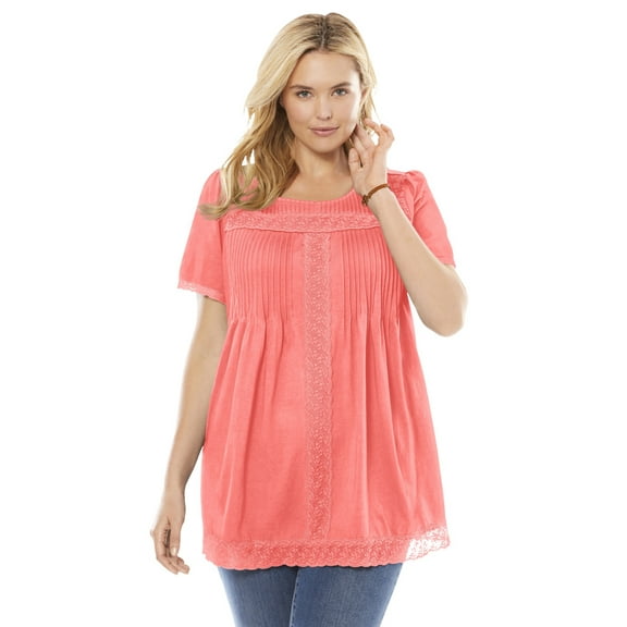 Woman Within Plus Size Lace-Trim Pintucked Tunic
