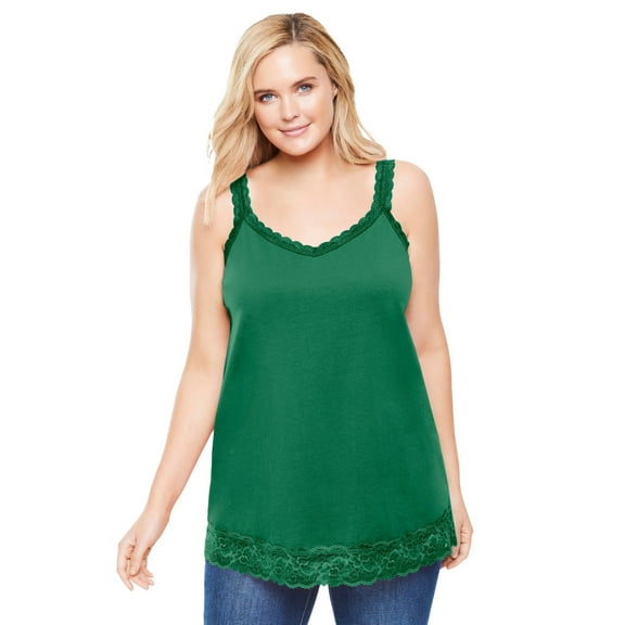 Woman Within Plus Size Lace-Trim V-Neck Tank