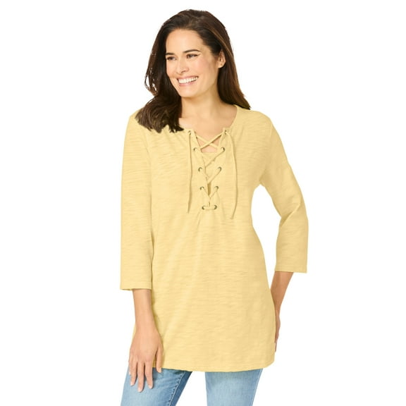 Woman Within Plus Size Lace-Up Three-Quarter Sleeve Tee