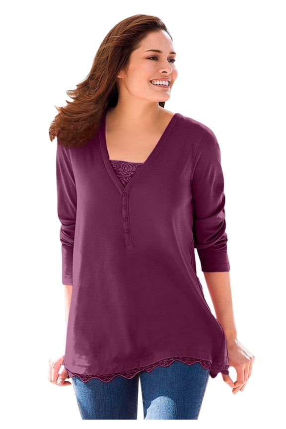 Plus Size Layered-Look Lace Trim Tee