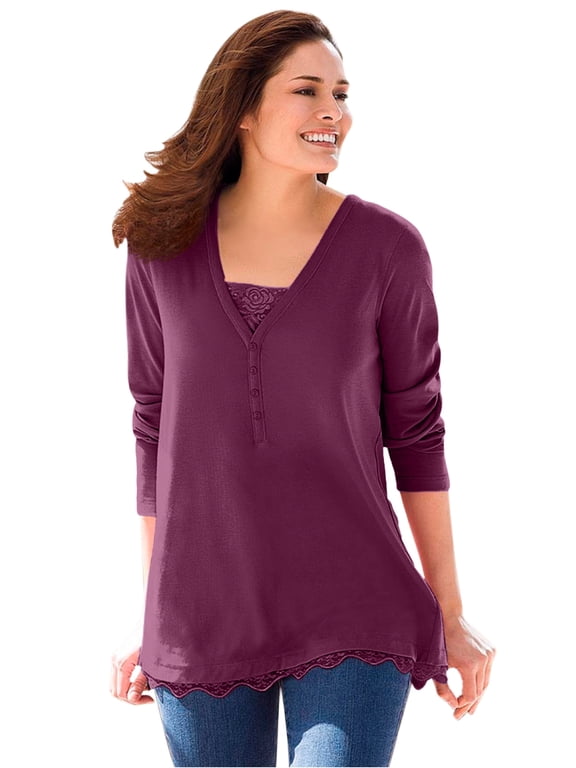 Plus Size Layered-Look Lace Trim Tee