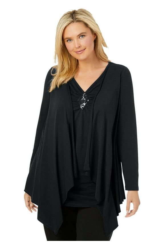 Plus Size Layered Look Long Top With Sequined Inset