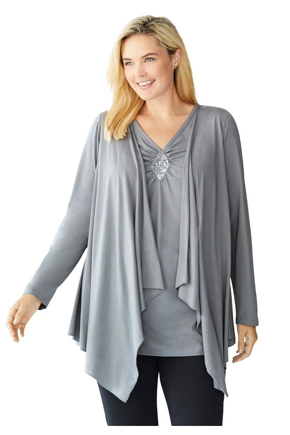 Plus Size Layered Look Long Top With Sequined Inset