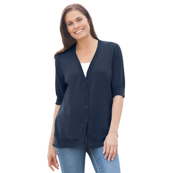 Woman Within Plus Size Lightweight Short Sleeve V-Neck Cardigan Sweater