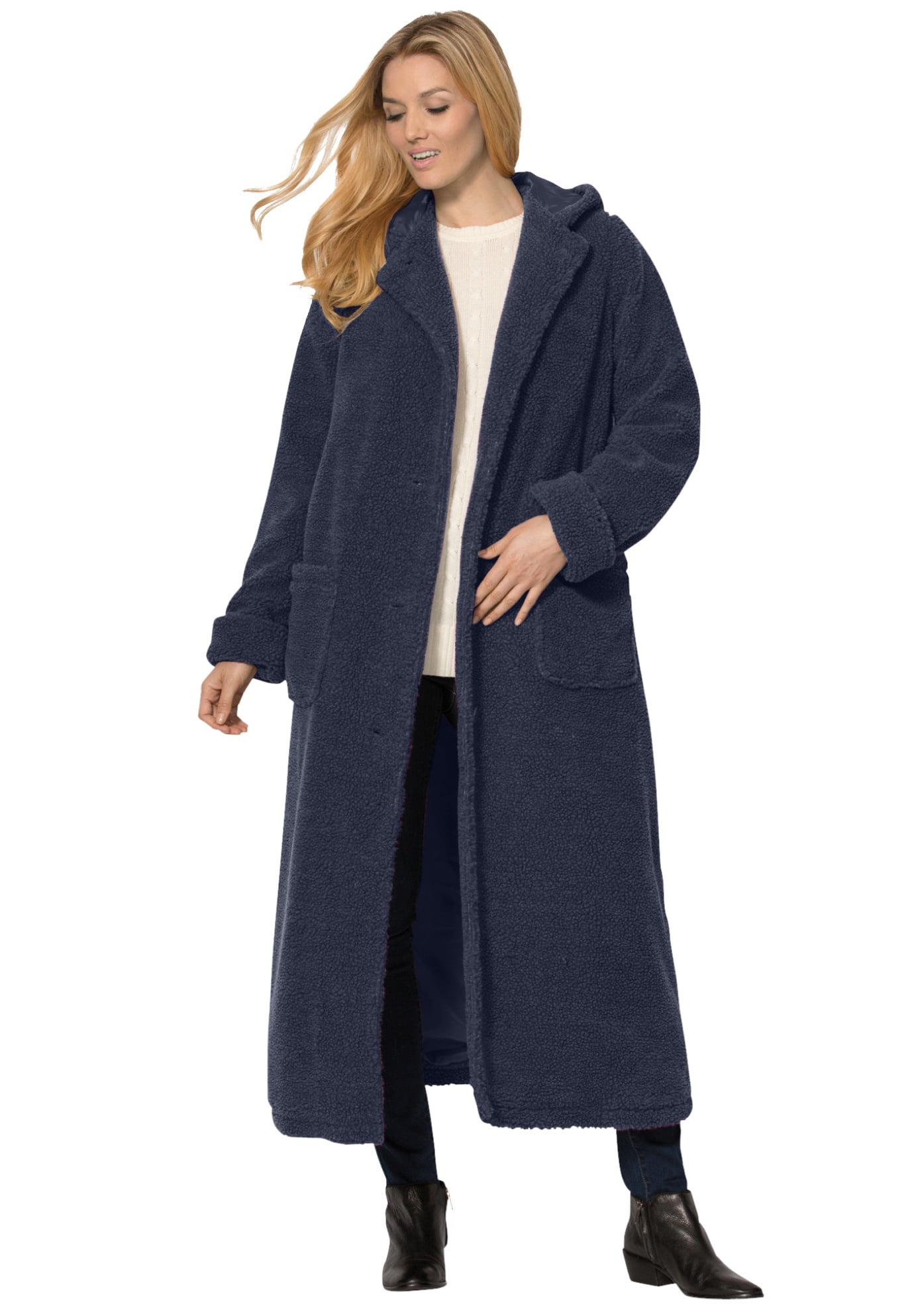 Woman Within Women's Plus Size Long Hooded Berber Fleece Coat - L